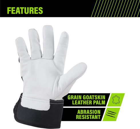 AWP Enhanced Comfort Work Gloves with Goatskin Leather Palms for Men and Women, Made with Genuine Cowhide Leather,X- Large, Black and White...