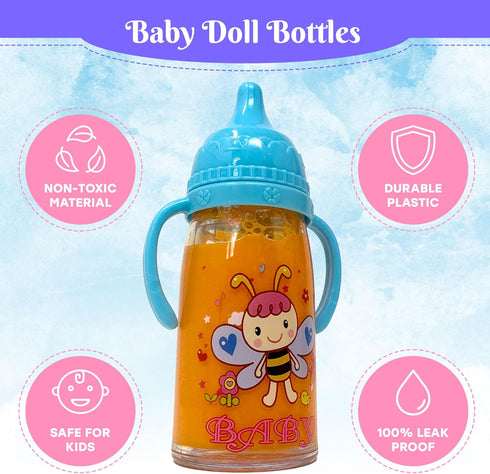 Baby Doll Bottles with Magic Disappearing Milk & Juice Playset, 6pc Pretend Baby Doll Accessories Set 4 Doll Feeding Toy Bottles and 2 Pacifiers, ...