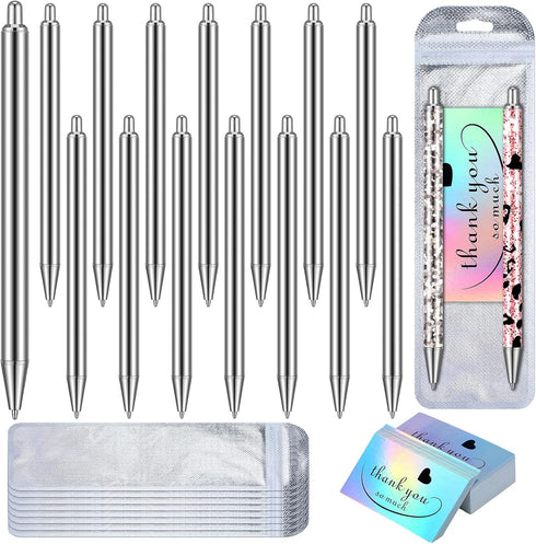 Qilery 15 Set Stainless Steel Pen Thank You Pens Gifts Blanks Resealable Pouch Bag and Holographic Thank You Cards Set for DIY Glitter Pen Epoxy P...