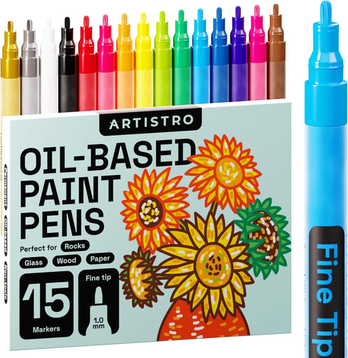 ARTISTRO 15 Oil Based Paint markers for Wood, Rock, Fabric, Glass - Permanent, Quick Dry, Waterproof - Oil paint pens for Ceramic, Mugs, Metal, Pl...