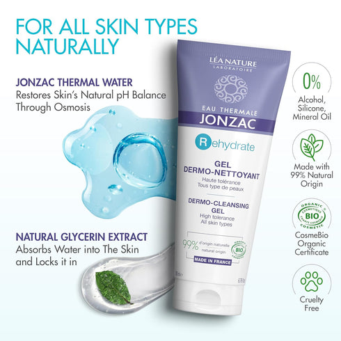 Eau Thermale Jonzac Rehydrate Organic Dermo Cleansing Gel - Gentle Daily Facial Cleanser - Sensitive Skin Approved - Leaves Skin Feeling Smooth & ...