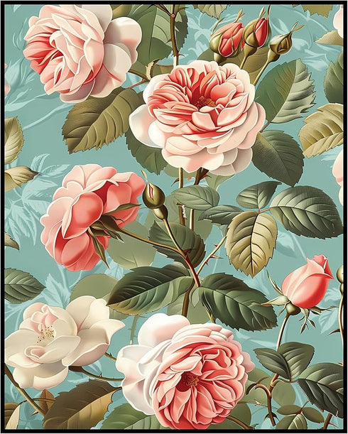 Posterizer 1 pcs-pastel blush pink flowers with blue background-Floral & Botanical Art-Abstract & Modern Art-Decor for Home & Office- UNFRAMED Wal...