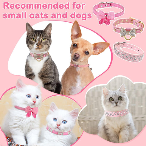 9 Pieces Pink Rhinestones Dog Collar PU Leather Girl Puppy Collars Bling Crystal Cat Dog Collar with Bow Bone Heart Flower for Pets Dogs Cats Coll...