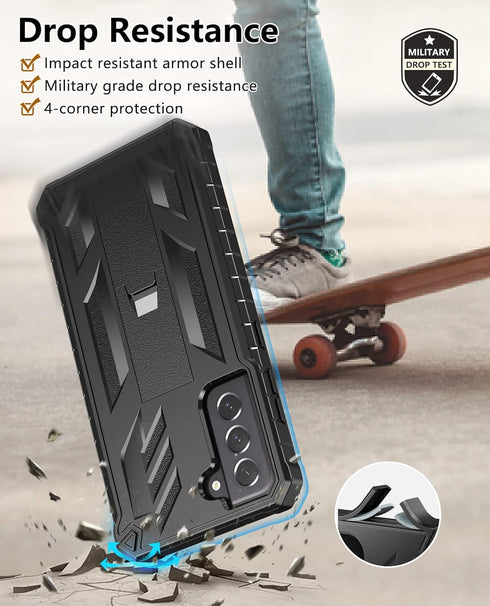 for Samsung Galaxy S21-FE Protective Case: Dual-Layer Military Grade Drop Proof Full Protection Cover with Kickstand | Durable Rugged Shockproof T...