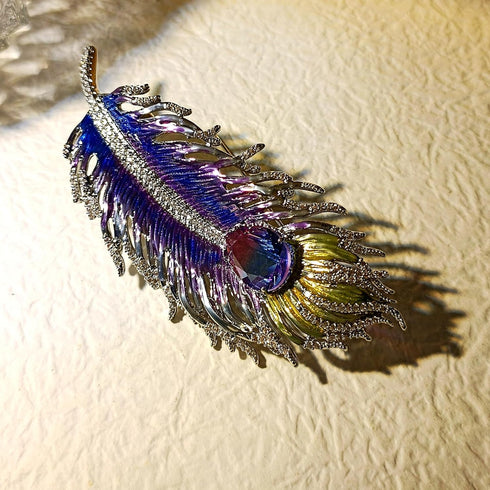 Gorgeous Gold Tone Blue Purple Enamel Peacock Feather Brooch Pin with AB Tear Stone...