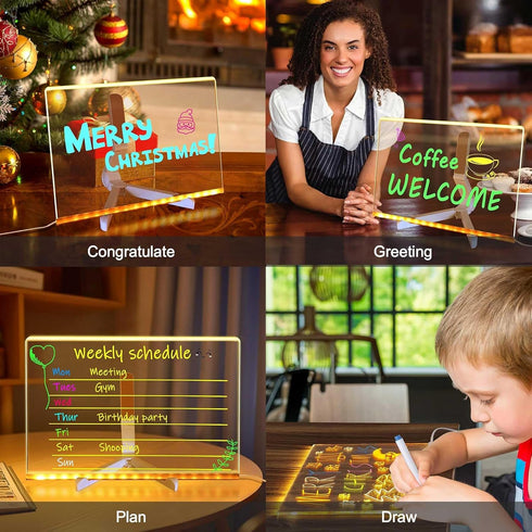 LED Note Board with Colors, Acrylic Dry Erase Board with Light and Stand, Glow Memo Letter Board Note Glass Led White Board with 7 Pen for Office ...