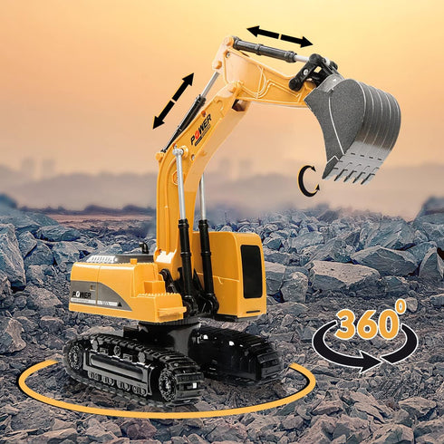 Remote Control Excavator Toy, RC Construction - Metal Shovel Digger Vehicles with Lights Sounds and 360° Rotation Digging Sand, Christmas Birthday...