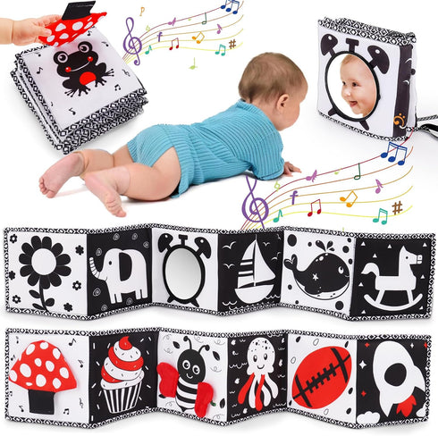 Black and White High Contrast Toys for Baby 0-3 3-6 months Infant Tummy Time Soft Book Sensory Musical Toy 0-2-4-6 month Babies Brain Development ...
