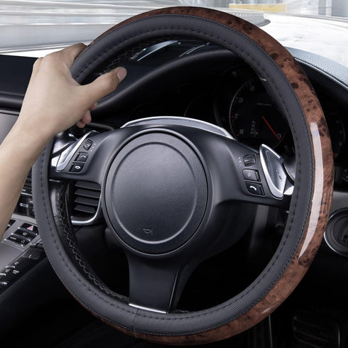 CAR PASS Wood Grain Microfiber Leather Steering Wheel Cover, Universal Fit for 14 1/2-15 inch Black Steering Wheel, Anti-Skip Veins Design,Cars, S...