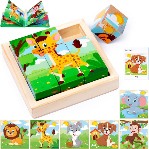 Wooden Animals Block Puzzles for Kids Ages 2-4 with Book, Jigsaw Puzzles Preschool Learning Educational Interactive Toys Gift for Boys Girls, Wood...