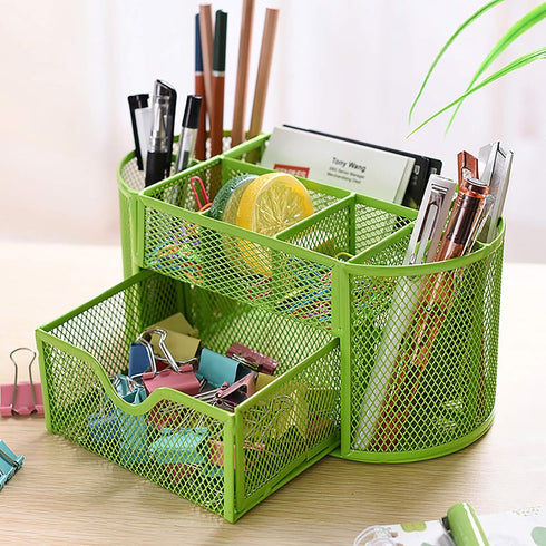VANRA Metal Mesh Desk Supply Caddy Desktop Office Supplies Organizer Supply Holder 8 Compartments with Drawer (Green)...