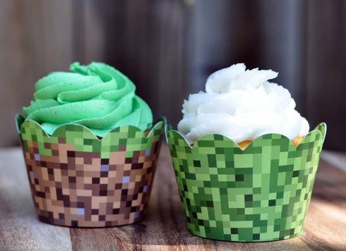 Pixel Grass Themed Cupcake Wrappers for Boys Birthday Parties, Vintage 8-Bit Birthday Party. Set of 24 Reversible Engineer builder Grass and Green...