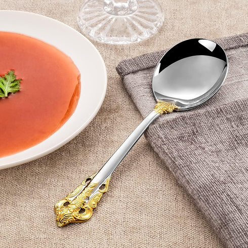 KEAWELL Gorgeous Round Soup Spoon, Set of 4, 18/10 Stainless Steel, Luxury Bouillon Spoon, Dishwasher Safe, Fine Mirror Polished (Gold Accent)...