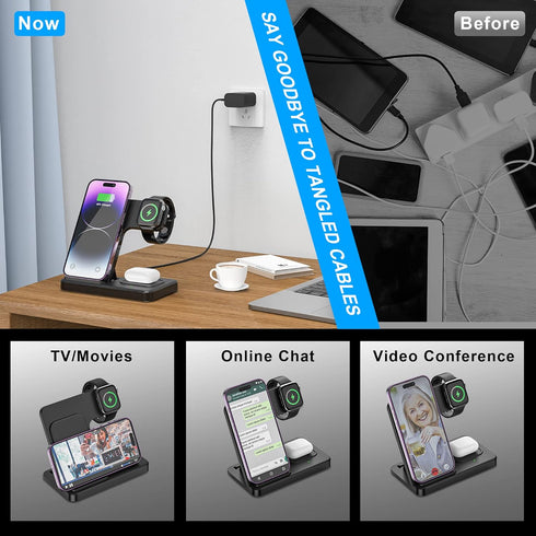 3 in 1 Wireless Foldable Charging Station,Folding Fast Charger Dock Stand for Apple iPhone 14/13/12/11/Pro/Max/XS/XR/X/Plus/Apple Watch 7/6/5/4/3/...