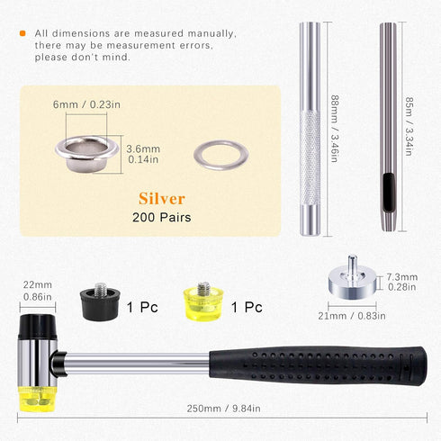 Rustark 200 Sets 1/4 Inch Silver Grommet Assortment Kit with 4 Pcs Setting Install Tool, 6mm Metal Eyelets Set in Storage Box for Clothes Shoes Ba...