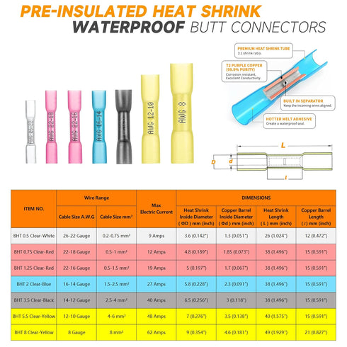 Heat Shrink Butt Connectors Kit 210 PCS 26-12 AWG Insulated Butt Splice Connectors Heat Shrink Wire Connectors, Marine Grade Waterproof Butt Splic...