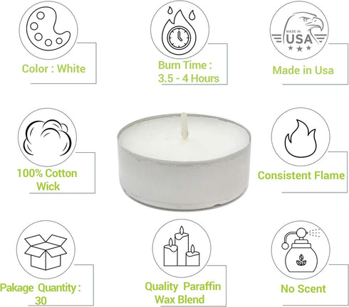 CandleNScent Unscented Tealight Candles, 30 Pack, White, Made in USA...
