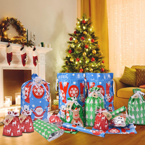 Christmas Gift Bags Assorted Sizes, 22pcs Drawstrings Christmas Bags For Gifts, Presents Wrapping Bags Favor Goody Bags Reusable Plastic Xmas Holi...