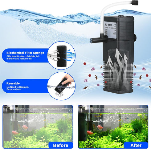 Aquarium Filter Small Betta Fish Tank Water Filter for 5-15 Gallon Fish Turtle Shrimp Tank Submersible Aquarium Internal Filter 4-in-1 Adjustable ...