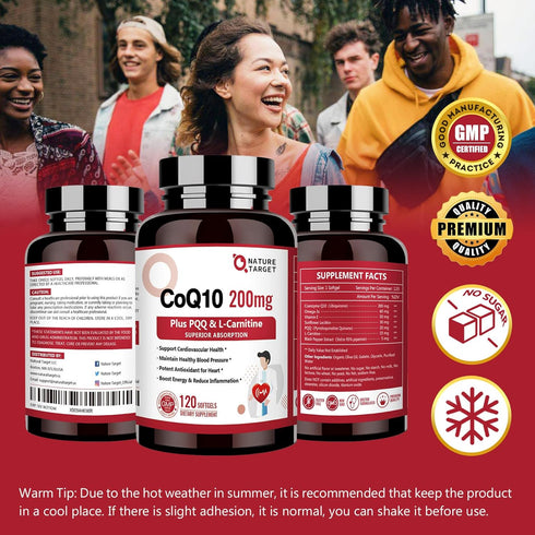 NATURE TARGET CoQ10-200mg with PQQ L-Carnitine & Omega-3s, High Absorption Coenzyme-Q10 with BioPerine, Supports Heart and Immune System, Cellular...