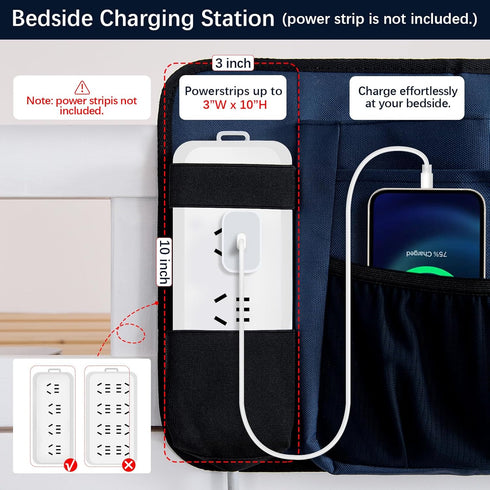 WOMACO Bedside Caddy with Power Strip Pocket, Heavy Duty Bunk Bed Caddy Organizer, Hanging Bed Side Storage Caddy with Powerstrip Holder for Dorm,...