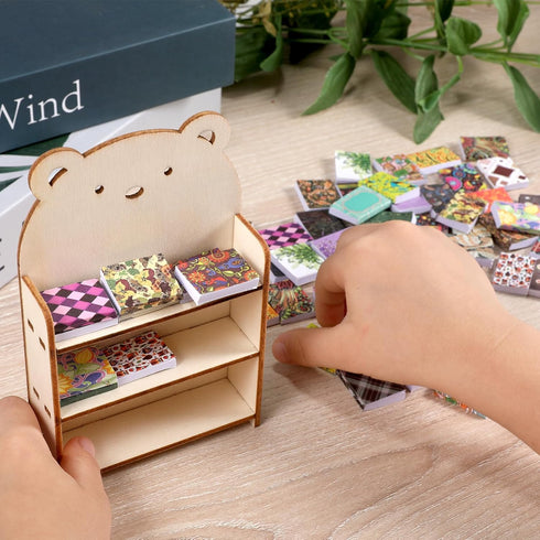 64Pcs Mini Bookcase Toy Book Shelf Wood Doll House FurnitureModel Library Decor Four Floors Storage Shelves Pretend Play 1:12 Accessories scene Ha...