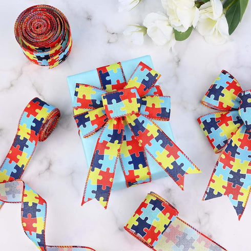 4Rolls 20Yards Autism Awareness Wired Ribbon Colorful Puzzle Fabric Ribbon for Gift Wrapping Bow Wreath Making Craft Supplies, 2.5 Inch/1.5 Inch...