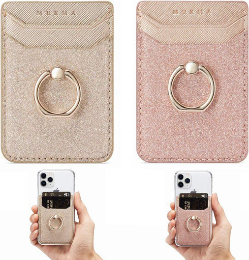 Card Holder Sleeve with Kickstand Ring for Women, 2 Pieces RFID Credit Wallet Glitter Stick On Back Grip for iPhone Samsung Smartphone - Pink + Go...
