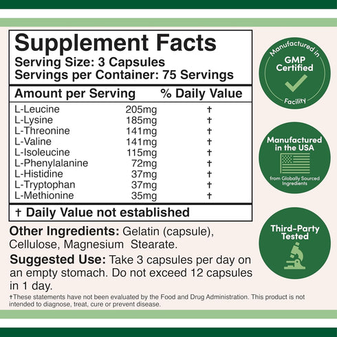Essential Amino Acids - 1 Gram Per Serving Powder Blend of All 9 Essential Aminos (EAA) and all Branched-Chain Aminos (BCAAs) (Leucine, Isoleucine...
