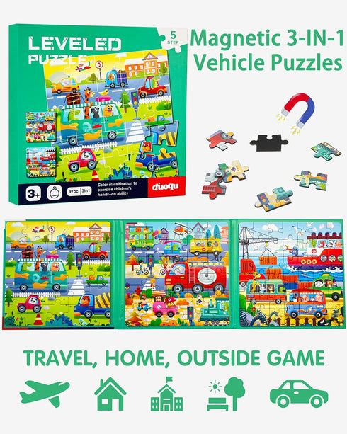 Magnetic Puzzles for Kids Ages 4-8, 3 in 1 Wooden Jigsaw Puzzles Book for Toddlers, Car Activities Toy for Girls 4-6, Learning Magnet Gift for Roa...