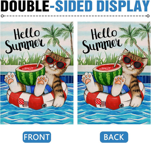 Hello Summer Cat Watermelon Beach Coastal Decorative Garden Flag, Ocean Nautical Yard Outside Decoration Outdoor Small Decor 12x18...