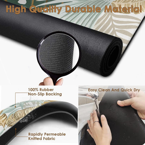 Tropical Leaves Gold Coffee Mat for Countertops, Green Palm Dish Drying Mat 2 Pcs for Kitchen Coffee Bar Accessories Fit Under Coffee Maker Espres...