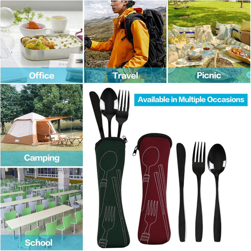 6 Pieces Travel Flatware with Case, Black Stainless Steel, Camping Fork Spoon Knife Set, R...