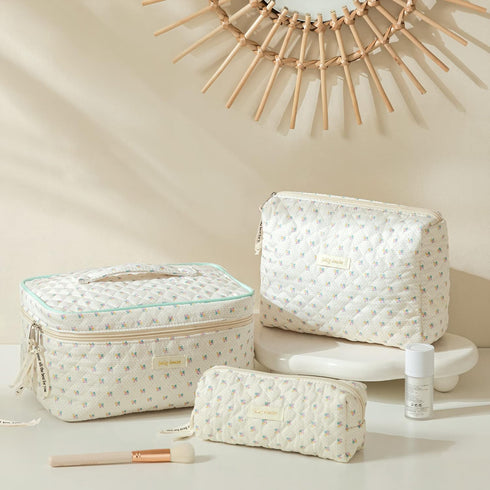 HBselect 3 PCS Quilted Makeup Bag, Cotton Large Travel Makeup Bag, Cute Floral Coquette Make up Bag Cosmetic Bag Toiletry Bag for Women Girls...