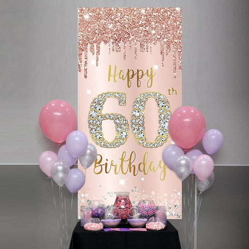 60th Birthday Door Banner Decorations for Women, Pink Rose Gold Happy 60th Birthday Door Cover Backdrop Party Supplies, Large Sixty Year Old Birth...