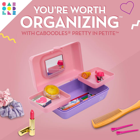 Caboodles Pretty in Petite Makeup Box, Two-Tone Pink on Lavender, Hard Plastic Organizer Box, 2 Swivel Trays, Fashion Mirror, Secure Latch for Saf...