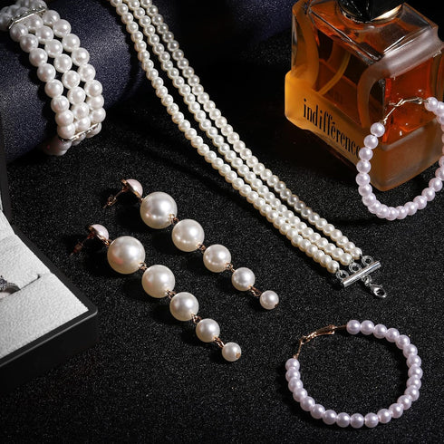 Women's Pearl Jewelry Set Multi Layer Faux Pearl Choker Necklace Pearl Stretch Bracelet Hoop Pearl Dangle Earrings Long Tassel Earrings Valentines...