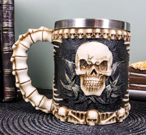Ebros Evil Grinning Tribal Skull Mug Beer Stein Tankard With Skulls Skeletal Spine Bones Handle Coffee Cup 11 Ounces For Drinks Beverage Holder Co...