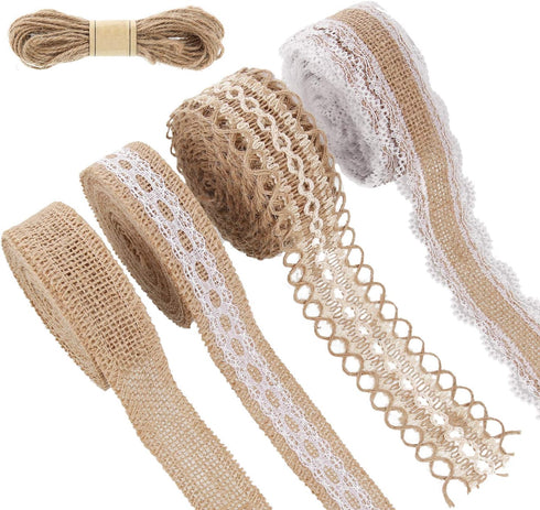 4 Rolls Burlap Ribbon Lace Roll Crafts Ribbon with 32 Feet Twine Rope for Wedding Christmas Decoration DIY Handmade Crafts, 5.5 Yards for Each Rol...