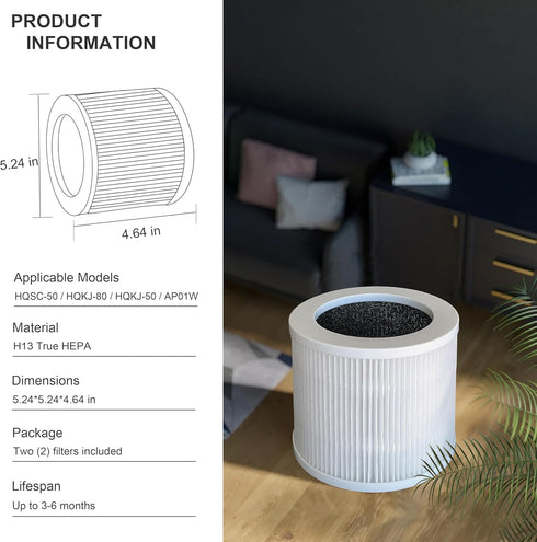 A1 Replacement Filter, Compatible with VEWIOR A1 Air Purifier HQSC-50, HQKJ-80 and AMEIFU AP01W, KOIOS HQKJ-50 Air Purifier, 3-in-1 True HEPA Repl...
