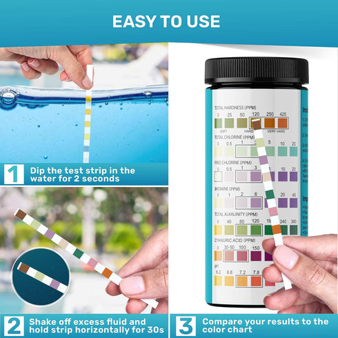 Pool Test Strips 7-in-1, 150 Quick and Accurate Pool and Hot Tub Test Strips - Pool Water Testing Kit for Chlorine, Bromine, pH, Hardness, More - ...