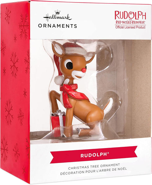 Hallmark Rudolph the Red-Nosed Reindeer in Santa Hat With Present Christmas Ornament...