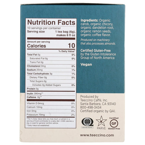 Teeccino Dandelion Dark Roast Tea - Caffeine Free, Organic, Roasted Herbal Tea with Prebiotics, 3x More Herbs than Regular Tea Bags - Gluten-Free,...