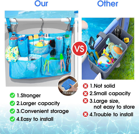 Above Ground Pool Hanging Bag Poolside Storage Basket Organizer Mesh Pool Toy Holder Pool Accessories Pockets Organizer Fits 2.3 Inch or Less Top ...