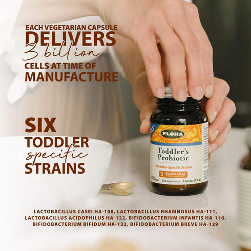 Flora - Toddler's Blend Probiotic, 3 Billion CFU RAW, Six-Infant & Toddler Specific Strains, Lactobacillus, Taste-Free, Dissolves Easy, Aids Const...