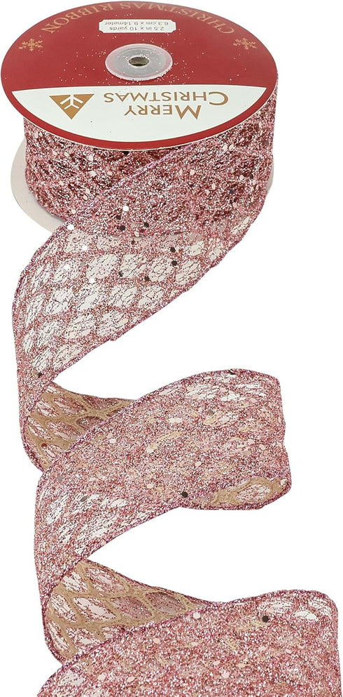 HUIHUANG Rose Gold Wired Ribbon 2-1/2 inch, Rose Gold Pink Christmas Ribbon Diamond Glitter Wire Edge Ribbon for Holiday Tree, Bows Making, Wreath...