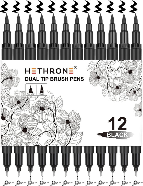Hethrone Black Markers for Drawing - Brush Pens with Felt Tips for Artists - Calligraphy Pens, 12 Pack...