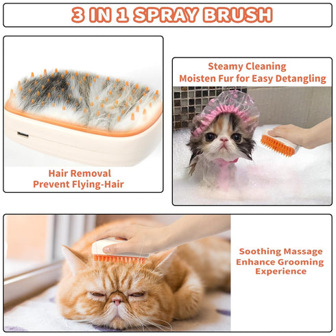 3 in 1 Steam Cat Hair Brush: Spray, Massage and Bath Cleaning for Dogs and Cats, Soft Silicone Brush for Hair Removal, Self-Cleaning Feature for E...