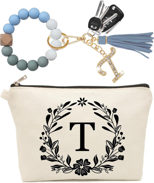 Cute Small Makeup Bag Personalized, Silicone Beaded Wristlet Bracelet Keychain with Initial, Flower Canvas Makeup Pouch Cosmetic Bag, Gift for Wom...