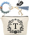 Cute Small Makeup Bag Personalized, Silicone Beaded Wristlet Bracelet Keychain with Initial, Flower Canvas Makeup Pouch Cosmetic Bag, Gift for Wom...